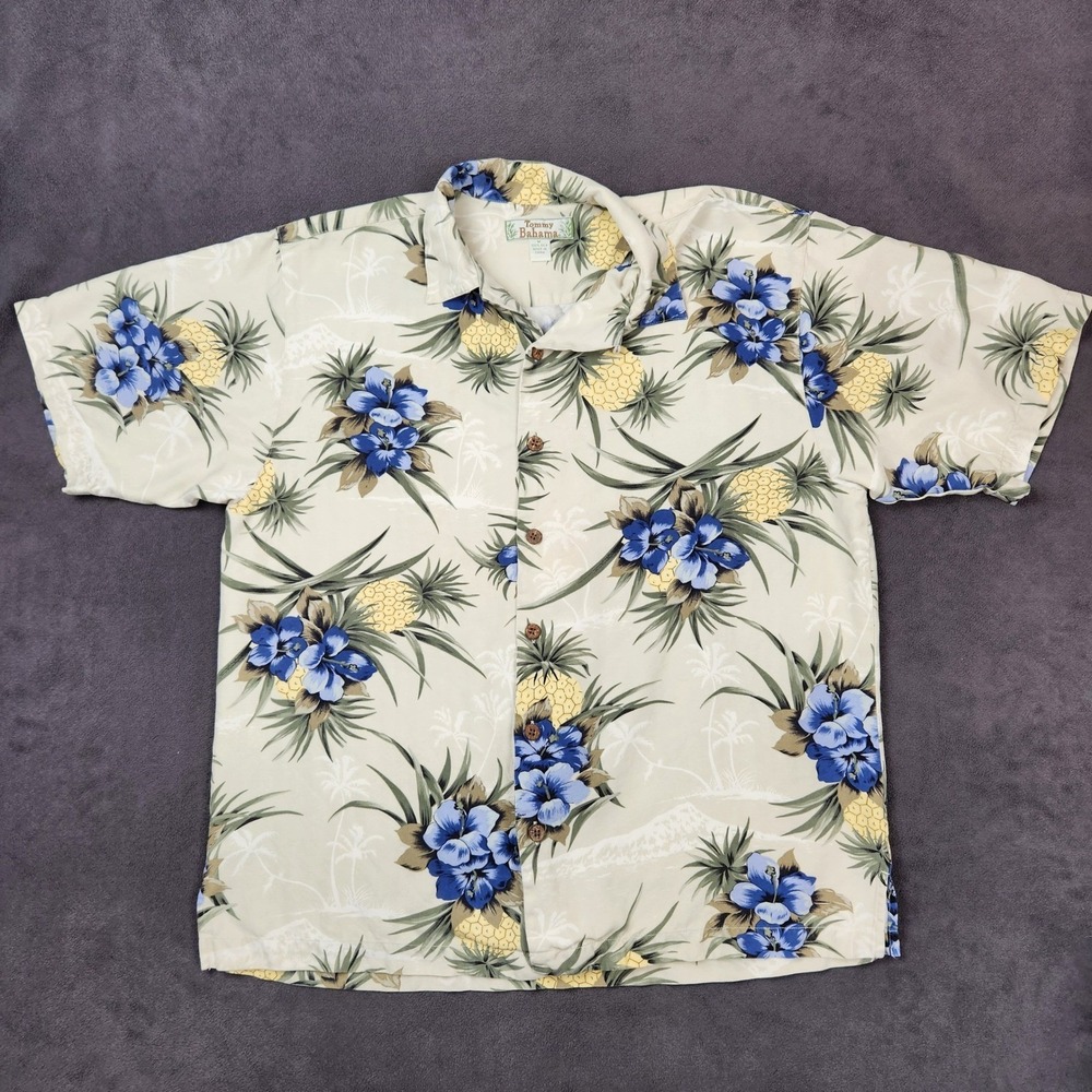 Tommy Bahama Hawaiian Shirt Men Medium Beige Silk Floral Pineapple Casual Resort